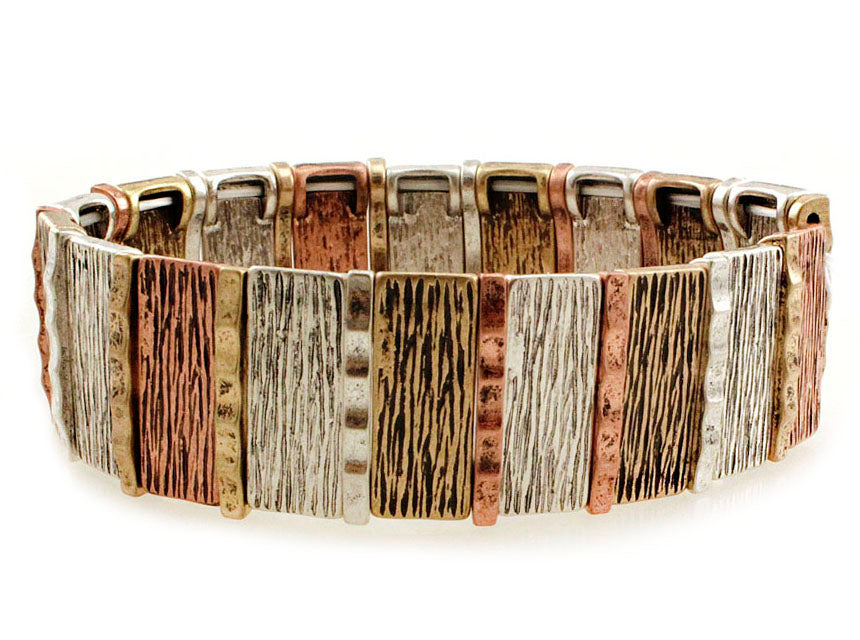 Wood Grain Rectangles - Multicolor - Metal Stretch Bracelet