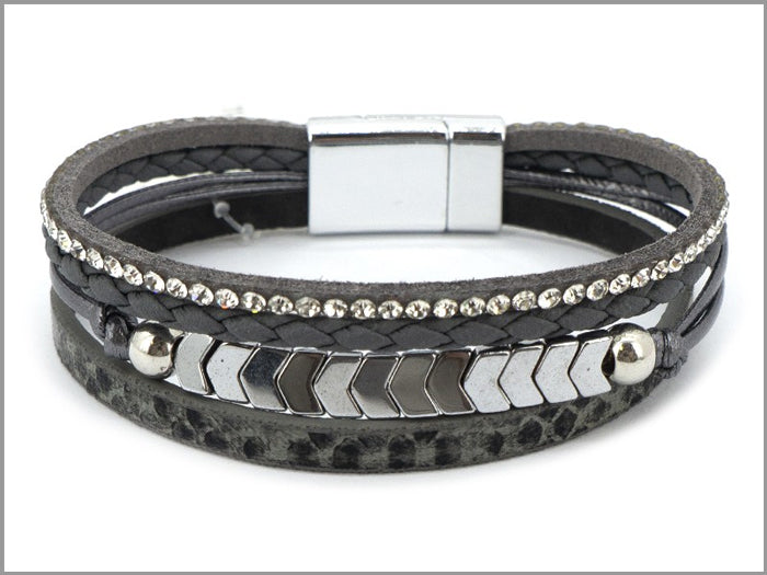 Four Leather Strand w/ Metal Chevron Bracelet