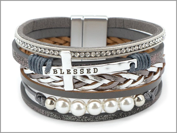 Six Strand "Blessed" Cross w/ Pearls Bracelet