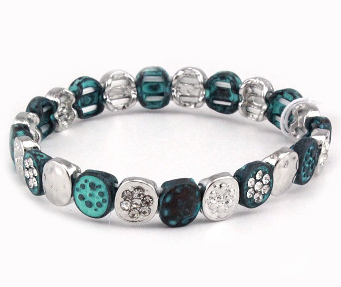 Small Textured Circles Stretch Bracelet - Silver/Patina