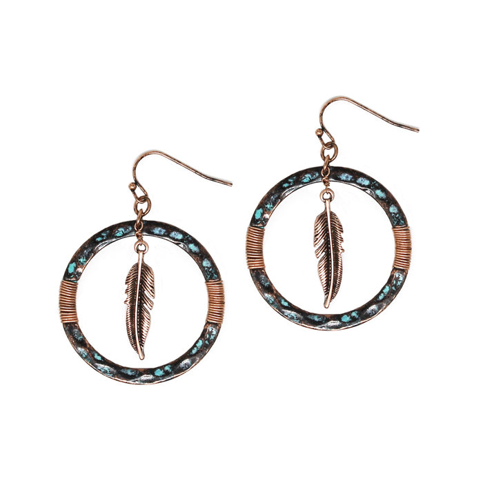 Circle w/ Feather Earrings - Patina