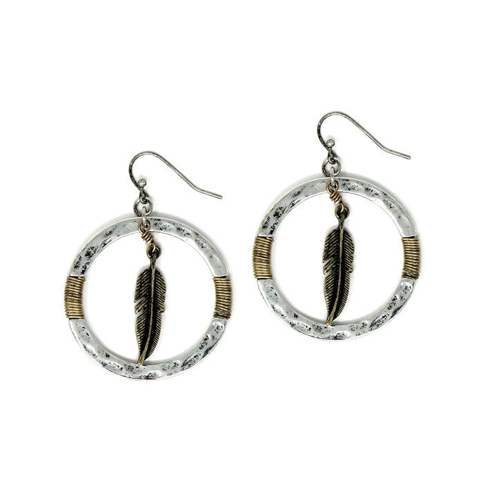 Circle w/ Feather Earrings - Silver