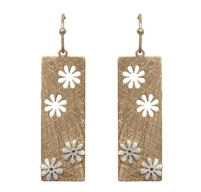 Flowers on Rectangle Earrings - Gold w/ Silver