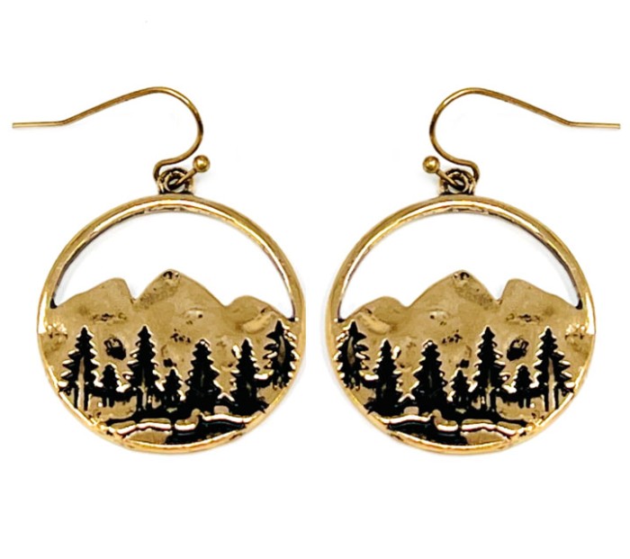 Circle Mountain Scene Earrings - Gold