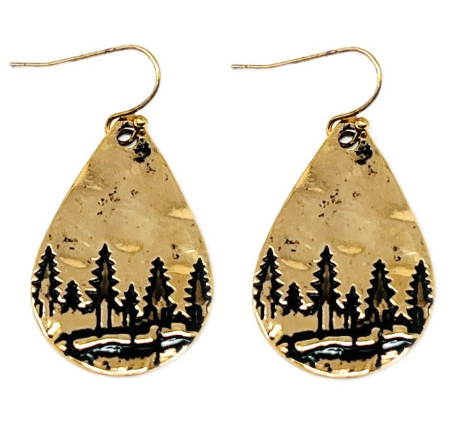 Teardrop Mountain Scene Earrings - Gold