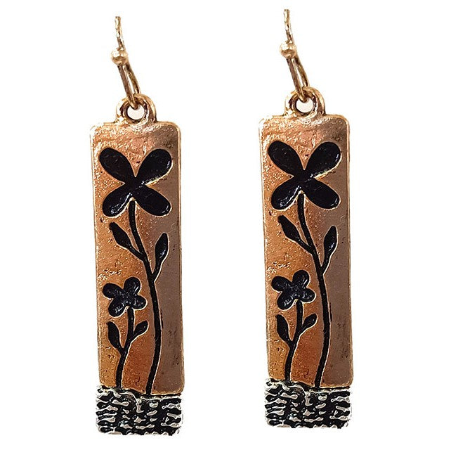 Flowers On Rectangle - Gold - Earrings