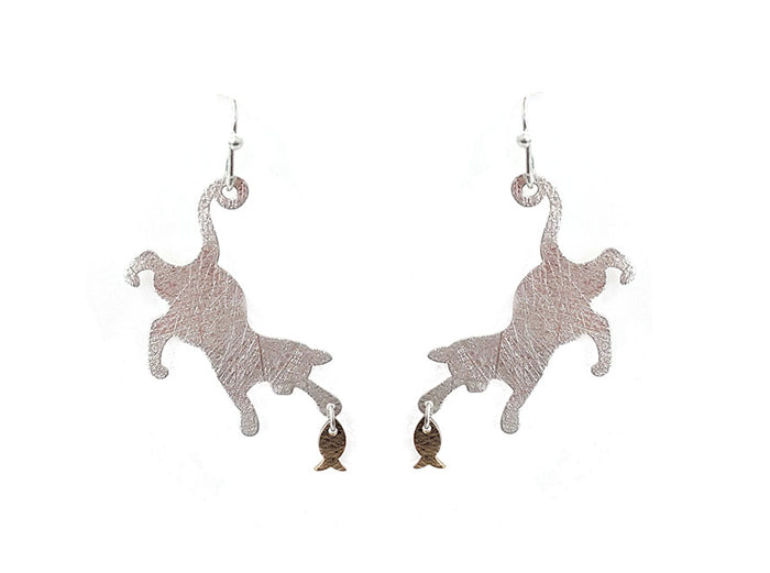 Silver w/ Gold Hanging Cat w/ Mouse Earrings