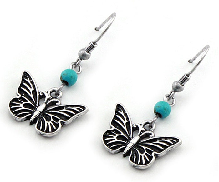 Butterfly w/ Turquoise Bead Earrings - Silver