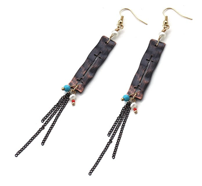 Long Rectangle Cross w/ Dangle Chain Copper Earrings