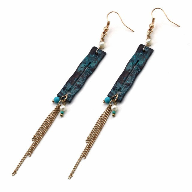 Long Rectangle Cross w/ Dangle Chain Patina Earrings