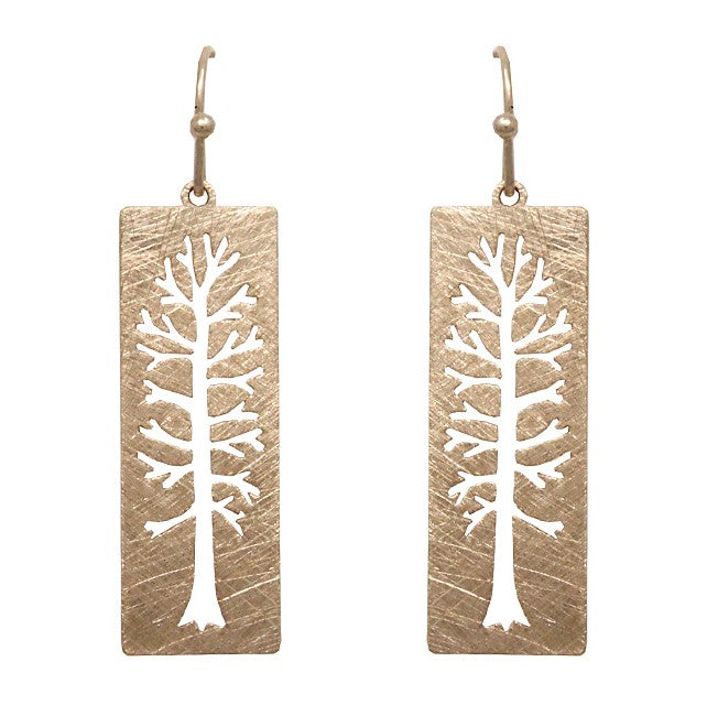 Rectangle w/ Cutout Tree Gold Earrings