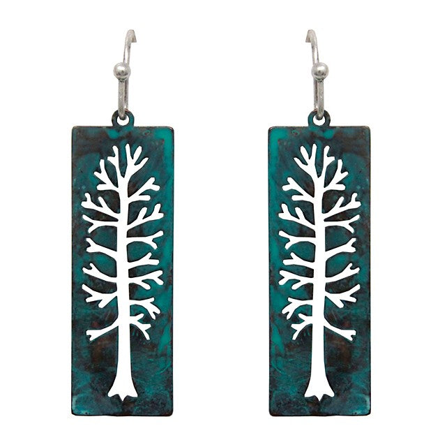 Rectangle w/ Cutout Tree Patina Earrings