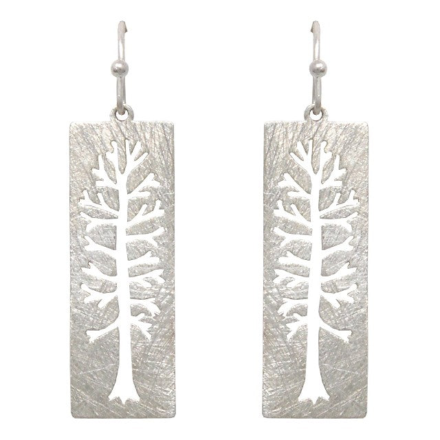 Rectangle w/ Cutout Tree Silver Earrings
