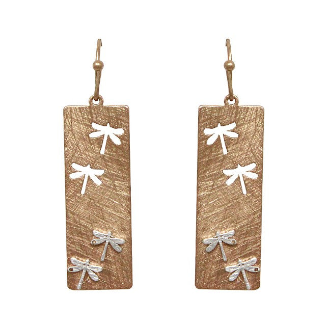 Rectangle w/ Cutout Dragonflies Gold Earrings