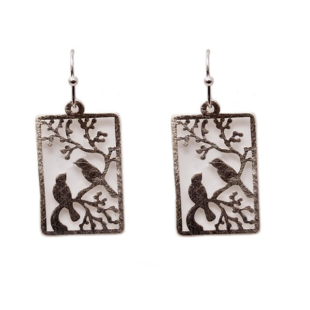 Birds Rectangle Cutout - Silver - Earrings