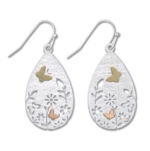Butterflies & Flowers Teardrop - Silver - Earrings