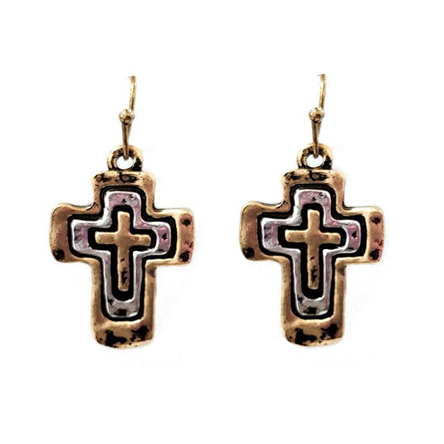 Triple Lined Cross - Gold & Silver - Earrings