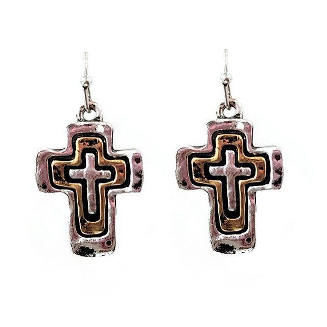 Triple Lined Cross - Silver & Gold - Earrings