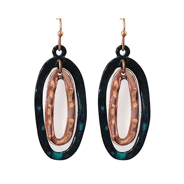 Double Hammered Ovals - Patina Copper Earrings