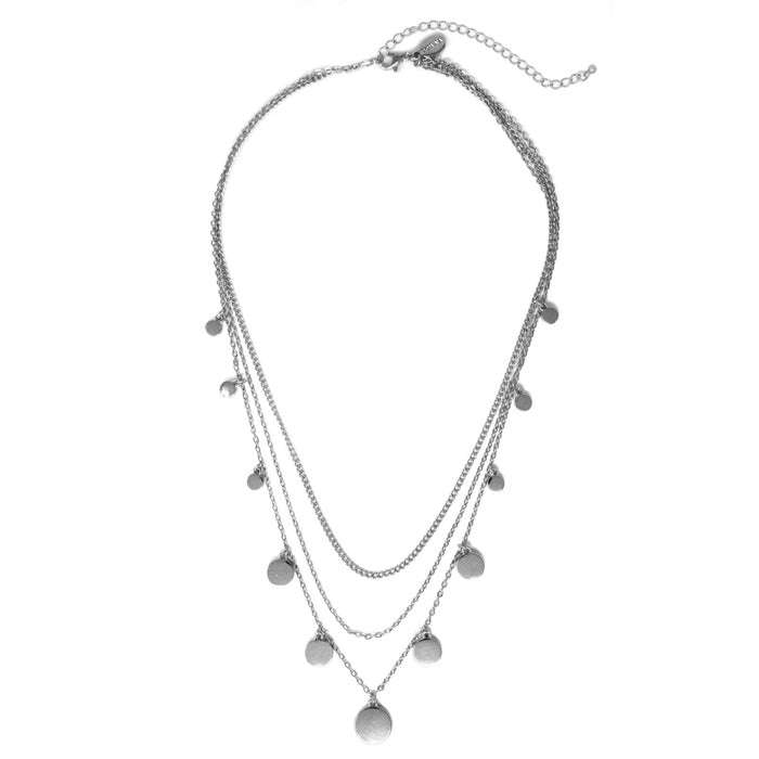 Triple Layer w/ Multi Disc Charms Silver Necklace