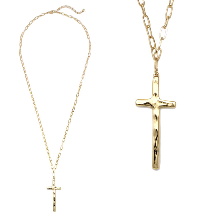 Gold Chain w/ Large Cross Pendant Long Necklace
