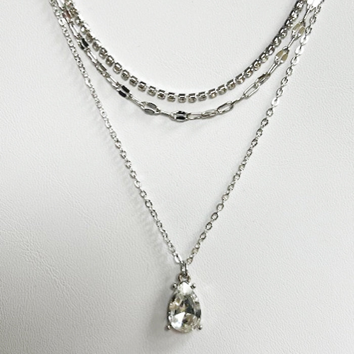 Triple Strand w/ Teardrop Crystal Pendant Necklace