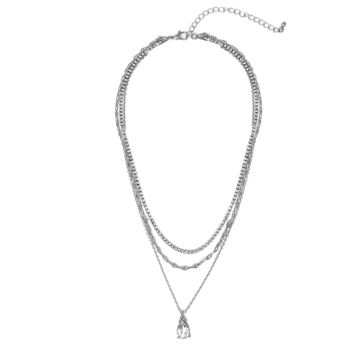 Triple Strand w/ Teardrop Crystal Pendant Necklace