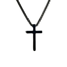 Stainless Steel - Medium Cross - Black Necklace