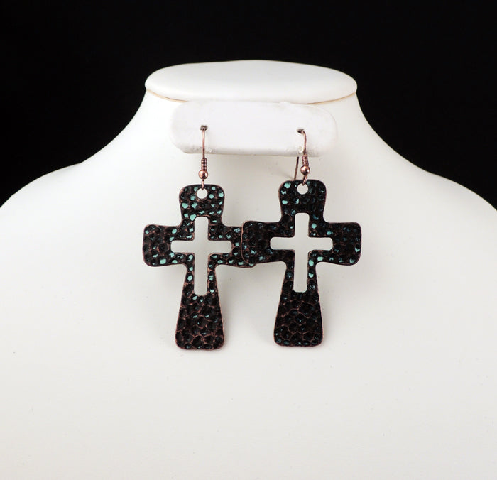 Forged Cross Earrings - Patina