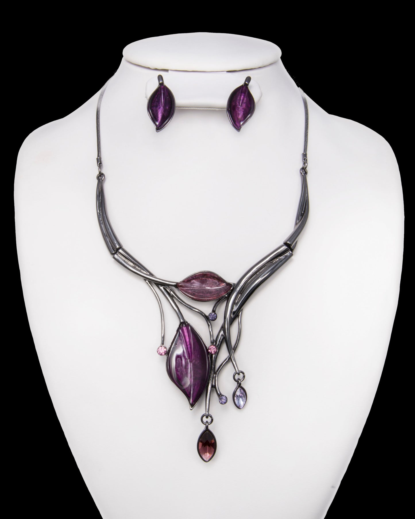 Purple Multicolor Stone Leave Necklace/Earring Set