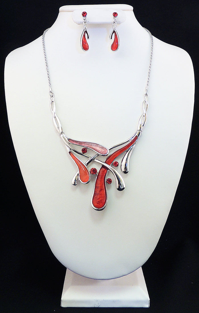 Red Multicolor Stone Leave Necklace/Earring Set