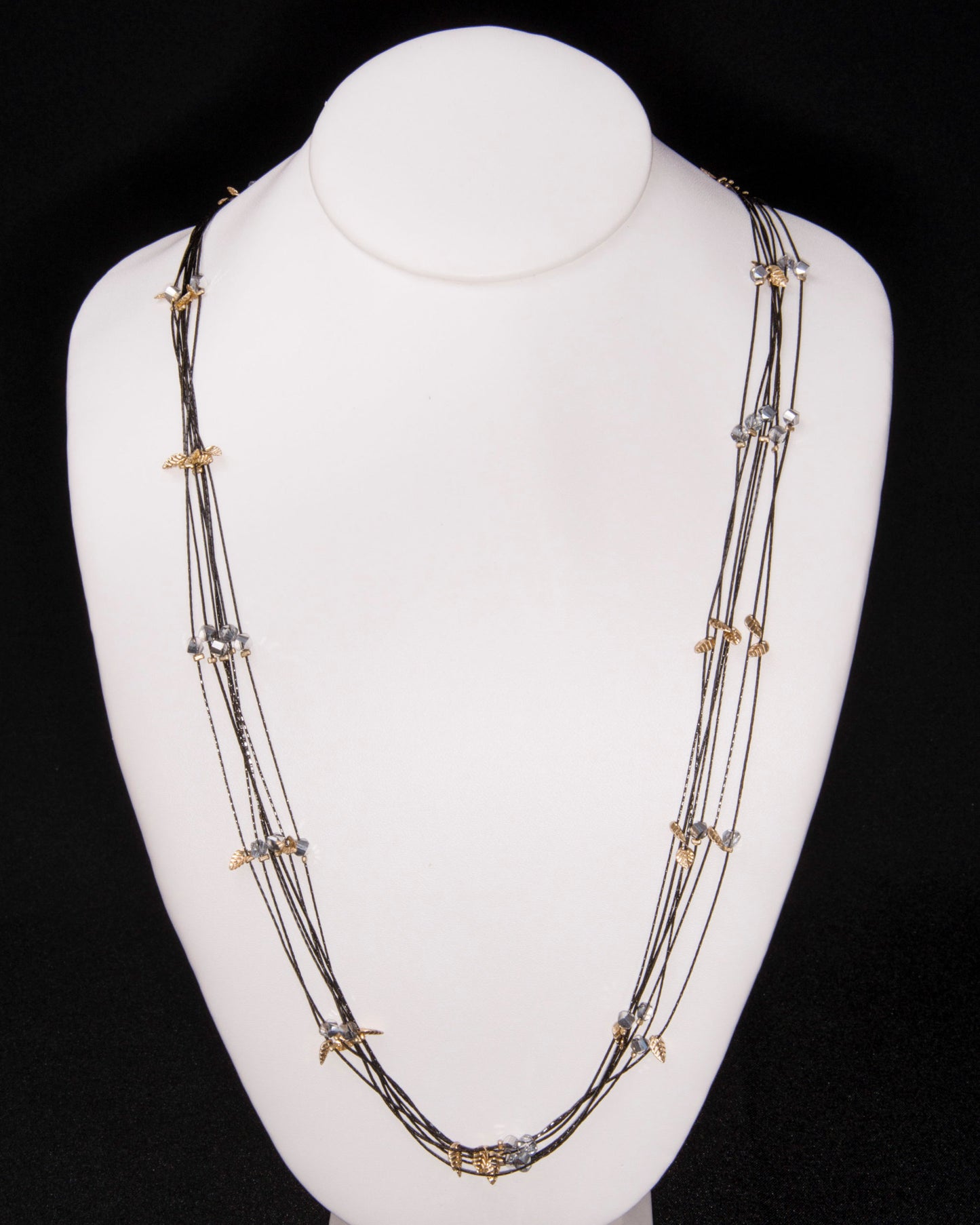 Black Multi Strand w/ Mini Gold Leaves Necklace