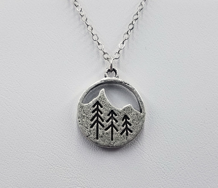 Mountain Scene Circle/Trees Reversible Necklace