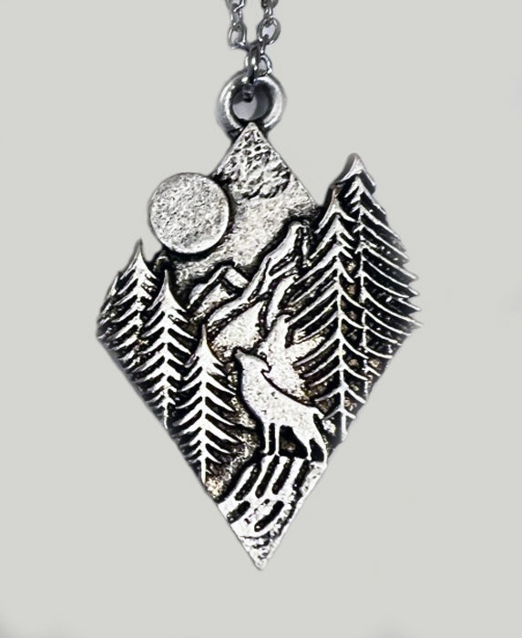 Wolf w/ Trees & Moon - Triangle Design Necklace
