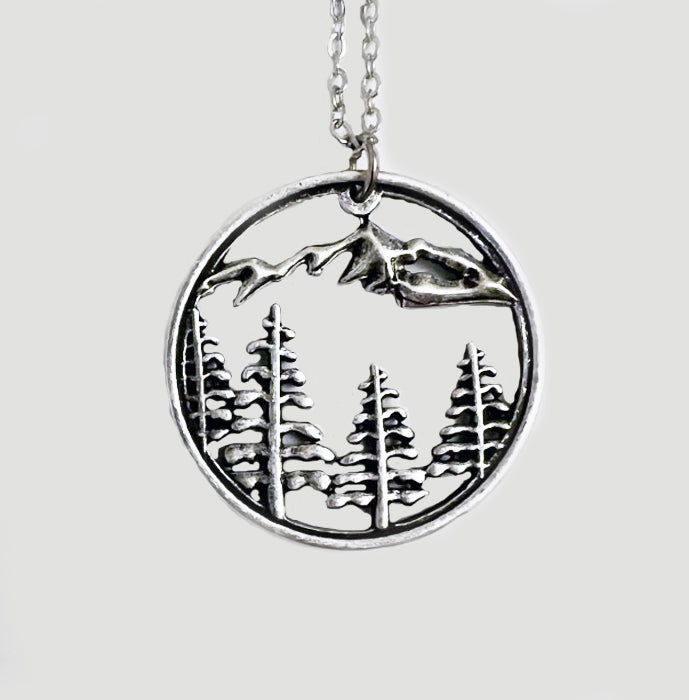 Trees Cutout Circle w/ Mountain Silhouette Necklace