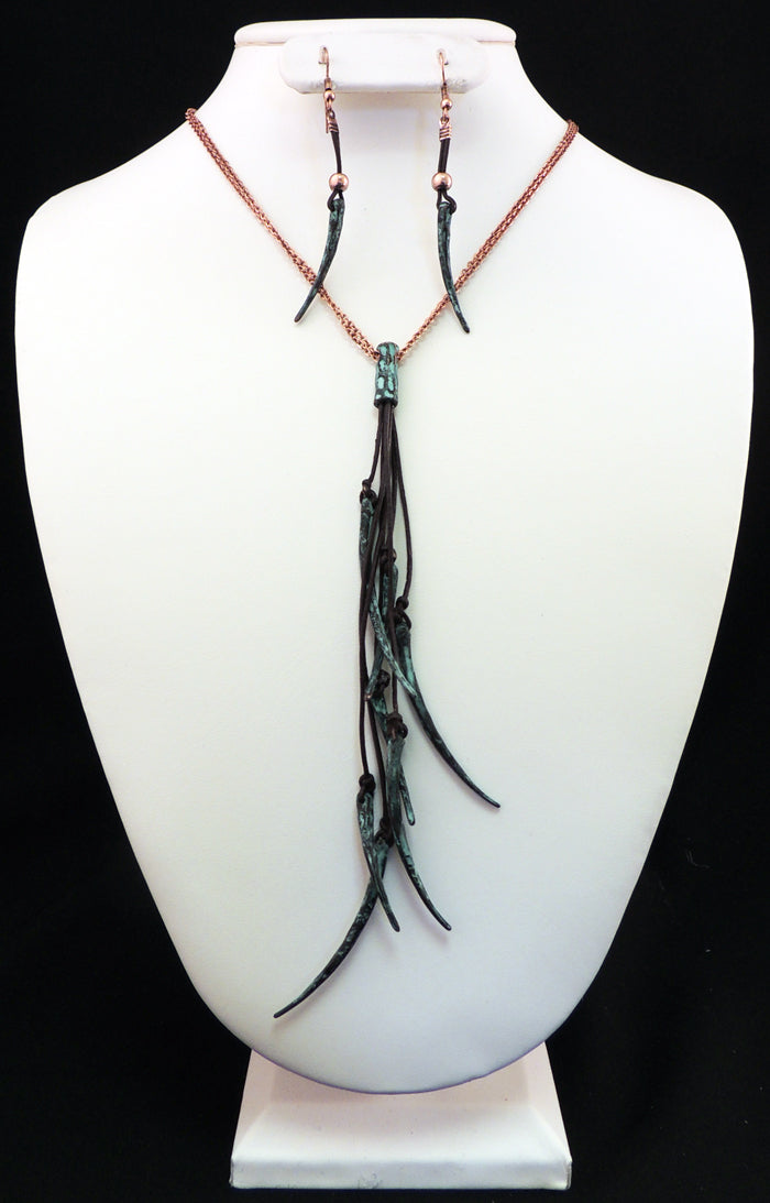 Cord w/ Dangling Metal Pendants Patina Necklace