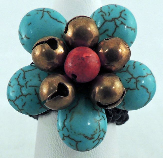 Woven Cord Turquoise Flower Ring