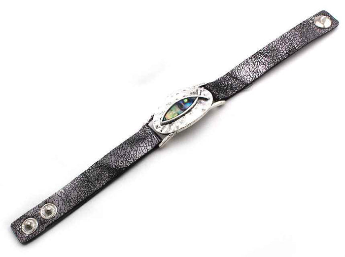 Metal Fish w/ Abalone Silver Leather Bracelet