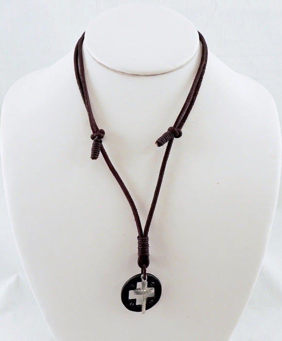 Pewter Cross & Circle Pendant Leather Choker