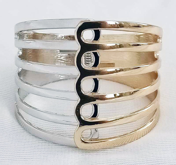 Wide Six Band Cuff Hinge Metal Bracelet