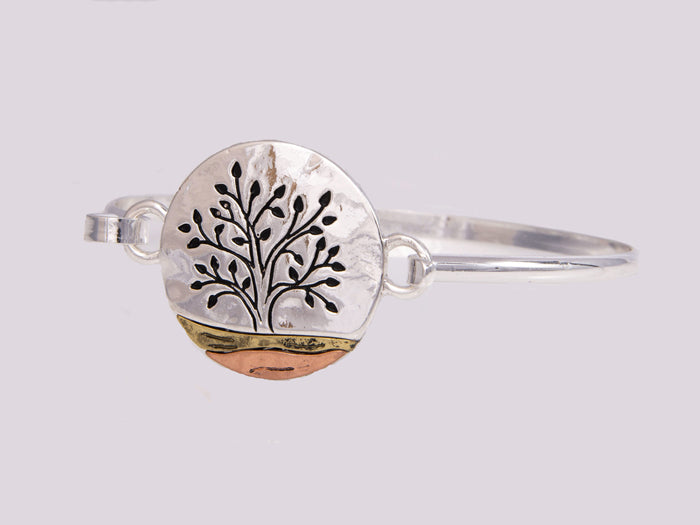 Silver Round Tree Of Life Cuff Bracelet