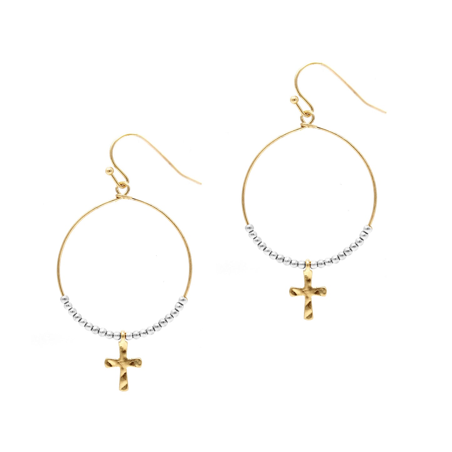 Hoop w/ Beads - Cross - Gold Earrings