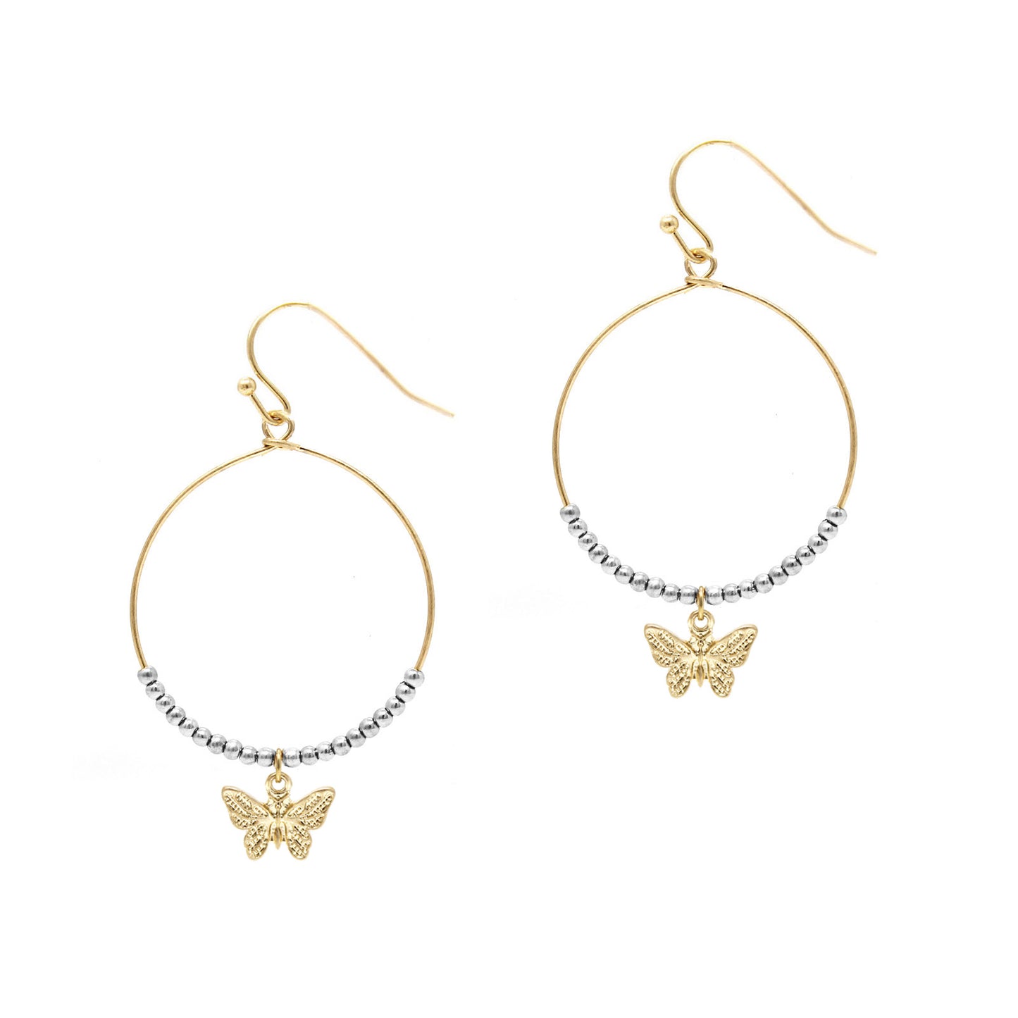Hoop w/ Beads - Butterfly - Gold Earrings