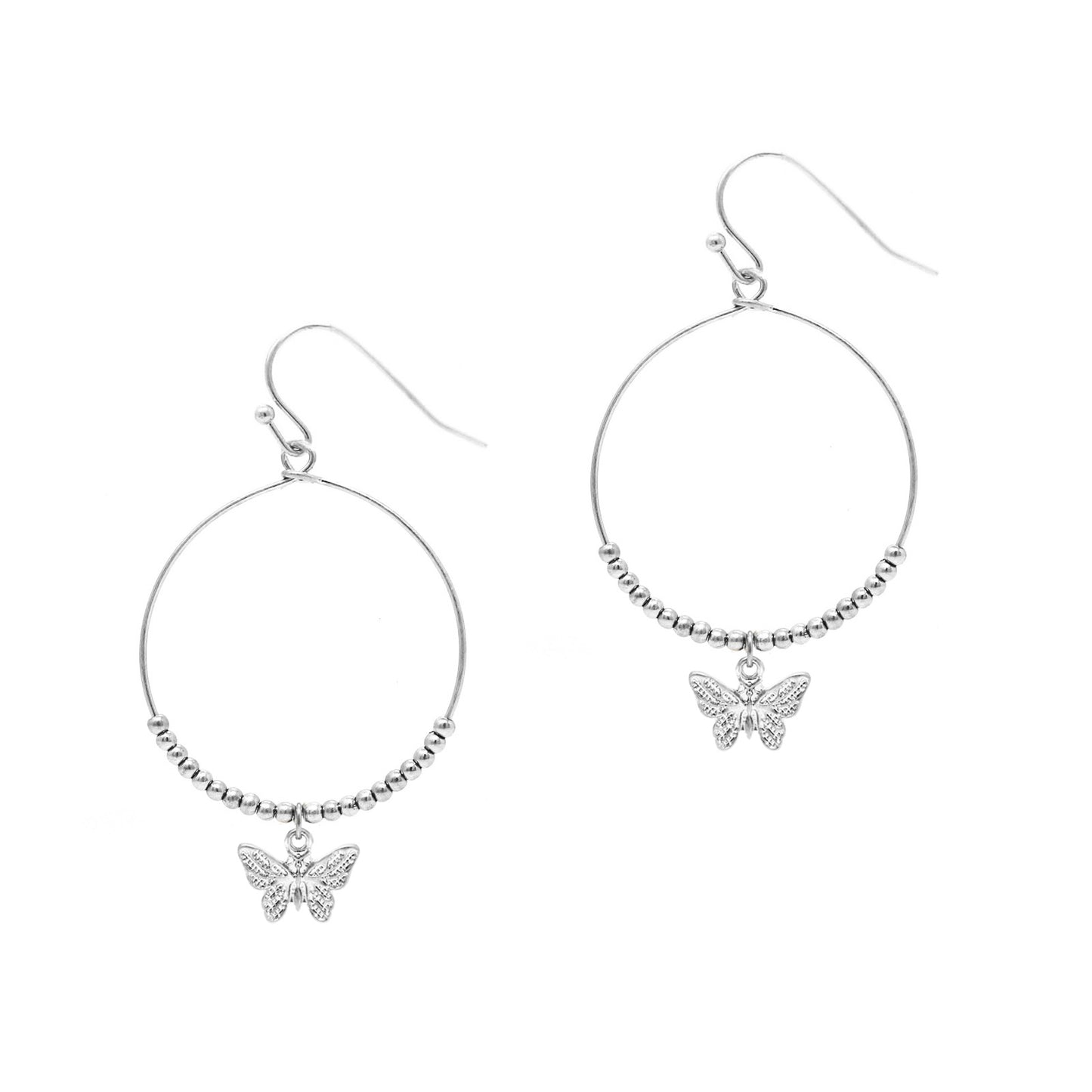 Hoop w/ Beads - Butterfly - Silver Earrings