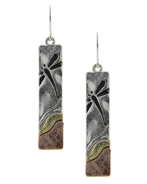 Rectangle Dragonfly Earrings - Silver