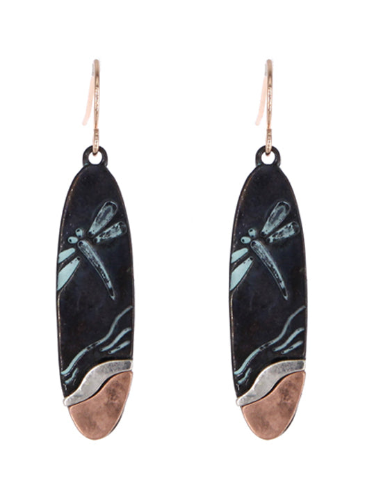 Oval Dragonfly Earrings - Patina