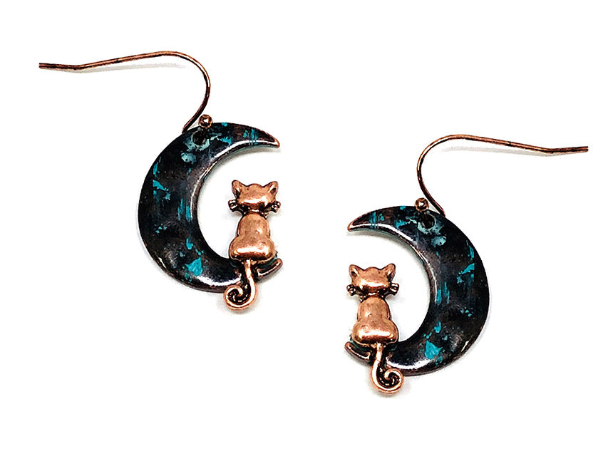 Cat/Moon Earrings - Patina/Copper