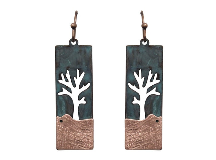 Tree Cutout - Rectangle Earrings - Patina