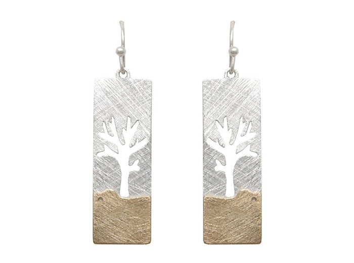 Tree Cutout - Rectangle Earrings - Silver