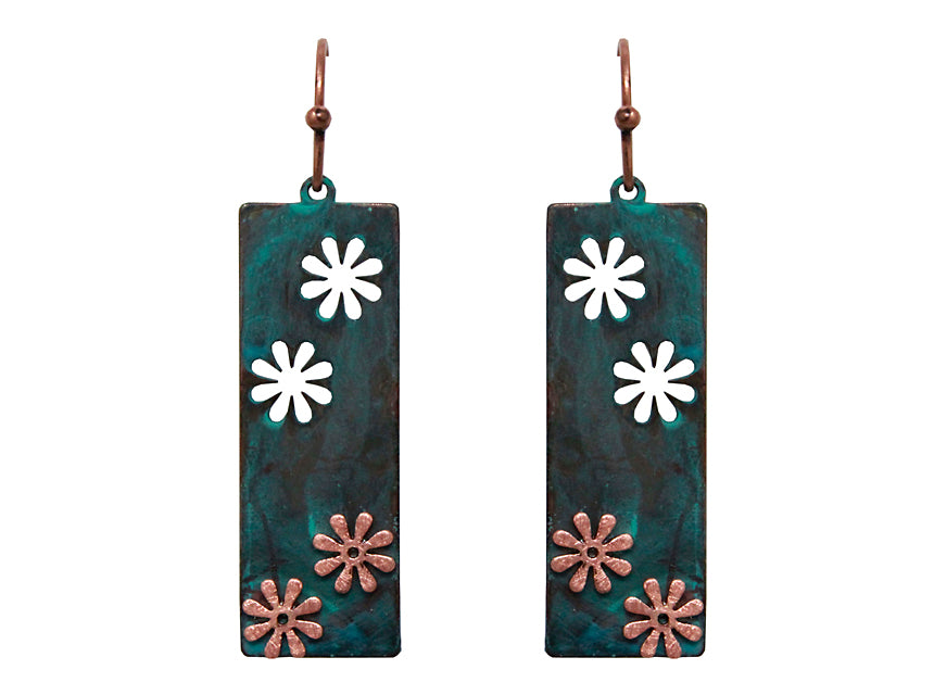 Flowers on Rectangle Patina w/ Copper Earrings
